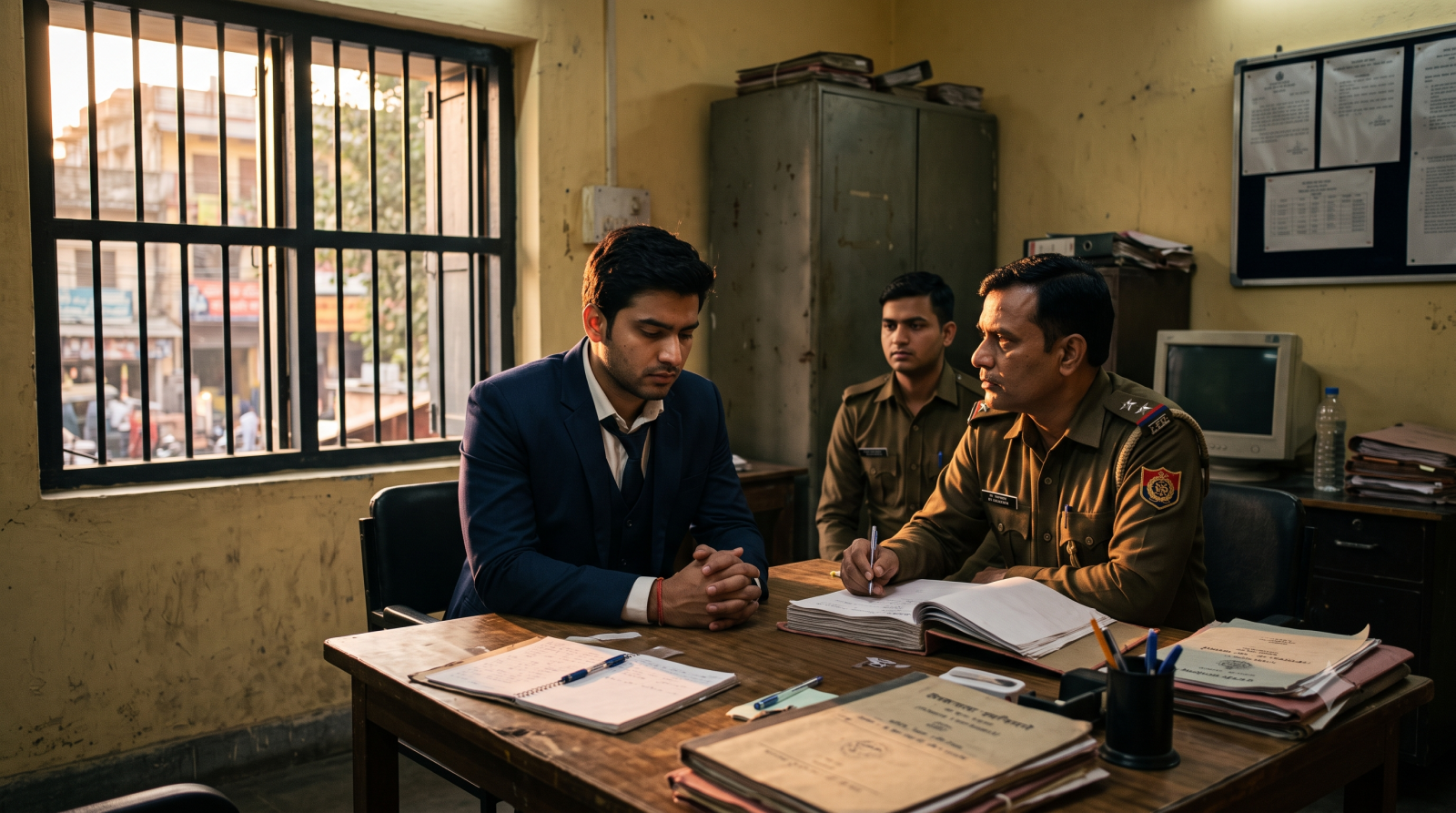 पुलिस स्टेशन में पूछताछ के दौरान वकील की गिरफ्तारी का दृश्य।