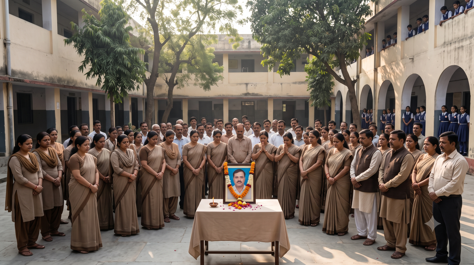 विद्यालय के प्रांगण में शोक सभा के दौरान शिक्षकों और कर्मचारियों द्वारा दो मिनट का मौन रखा जा रहा है।