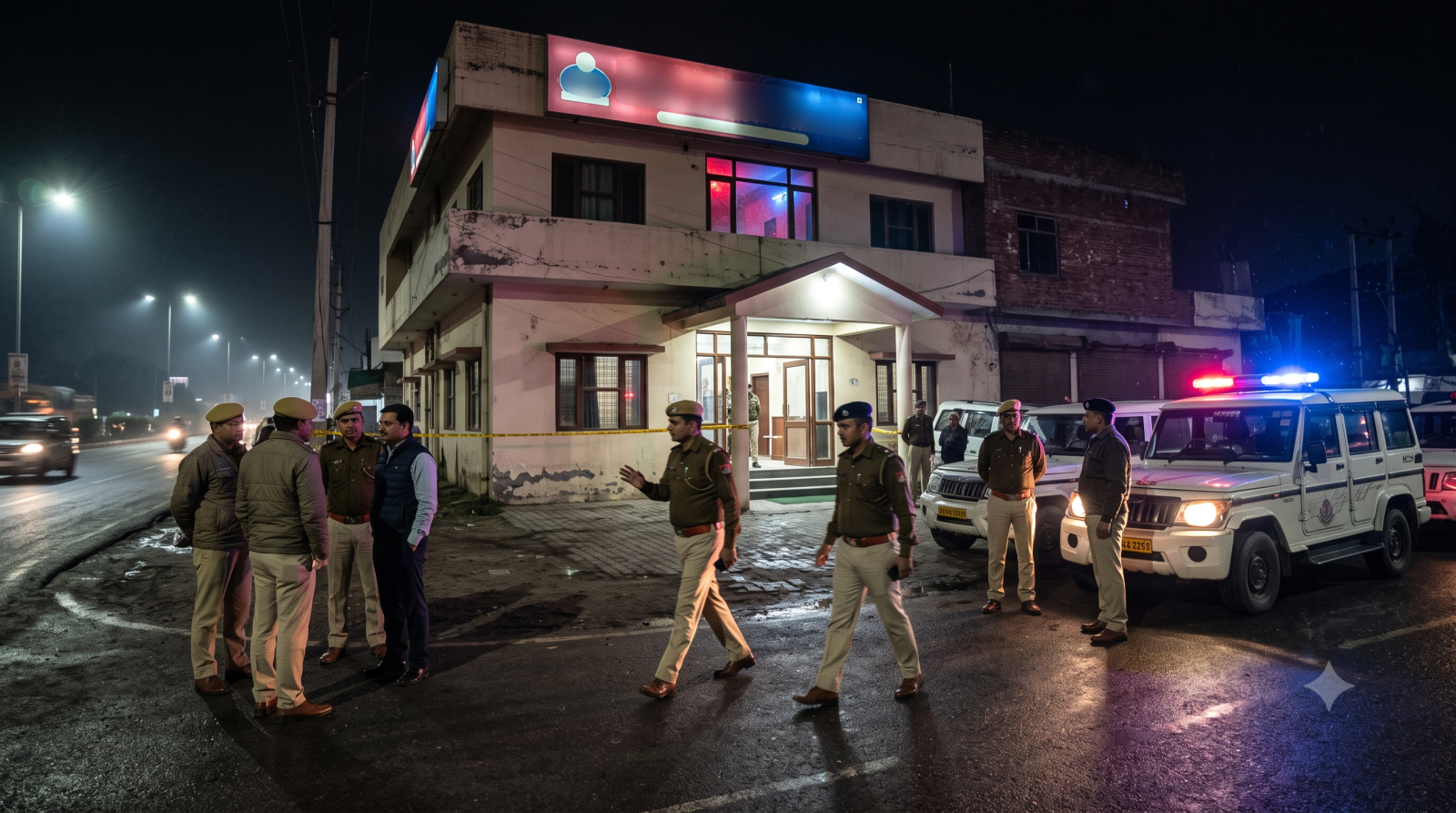 अलीगढ़ में होटल के बाहर पुलिस की छापेमारी का दृश्य