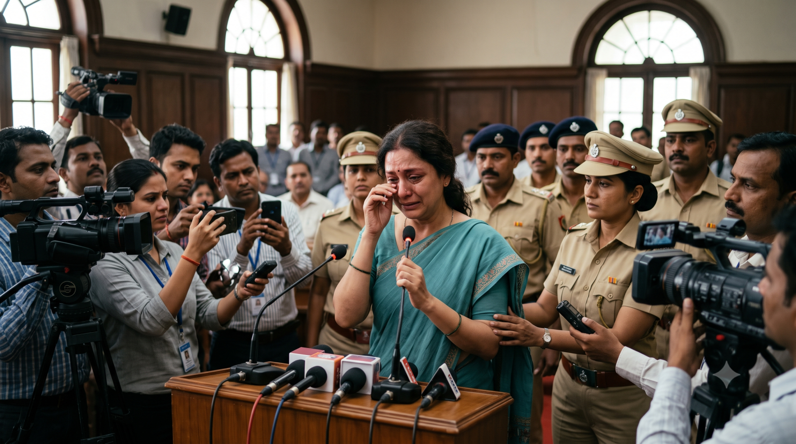 पुलिस प्रेस कॉन्फ्रेंस में रोती महिला आरोपी को पुलिसकर्मी समझाते हुए।