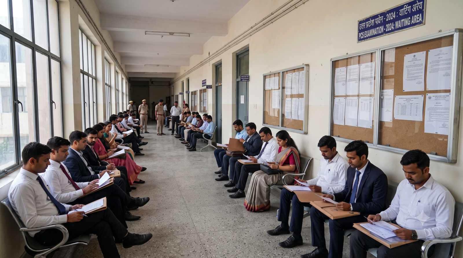 UPPSC परीक्षा परिसर में साक्षात्कार के लिए इंतजार करते अभ्यर्थी