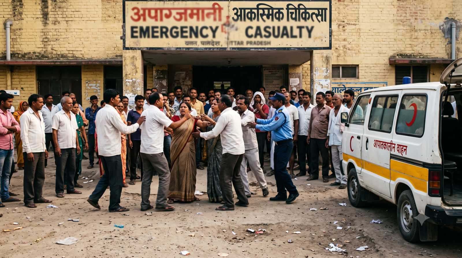 उन्नाव जिला अस्पताल की इमरजेंसी के बाहर मारपीट के बाद जुटी भीड़