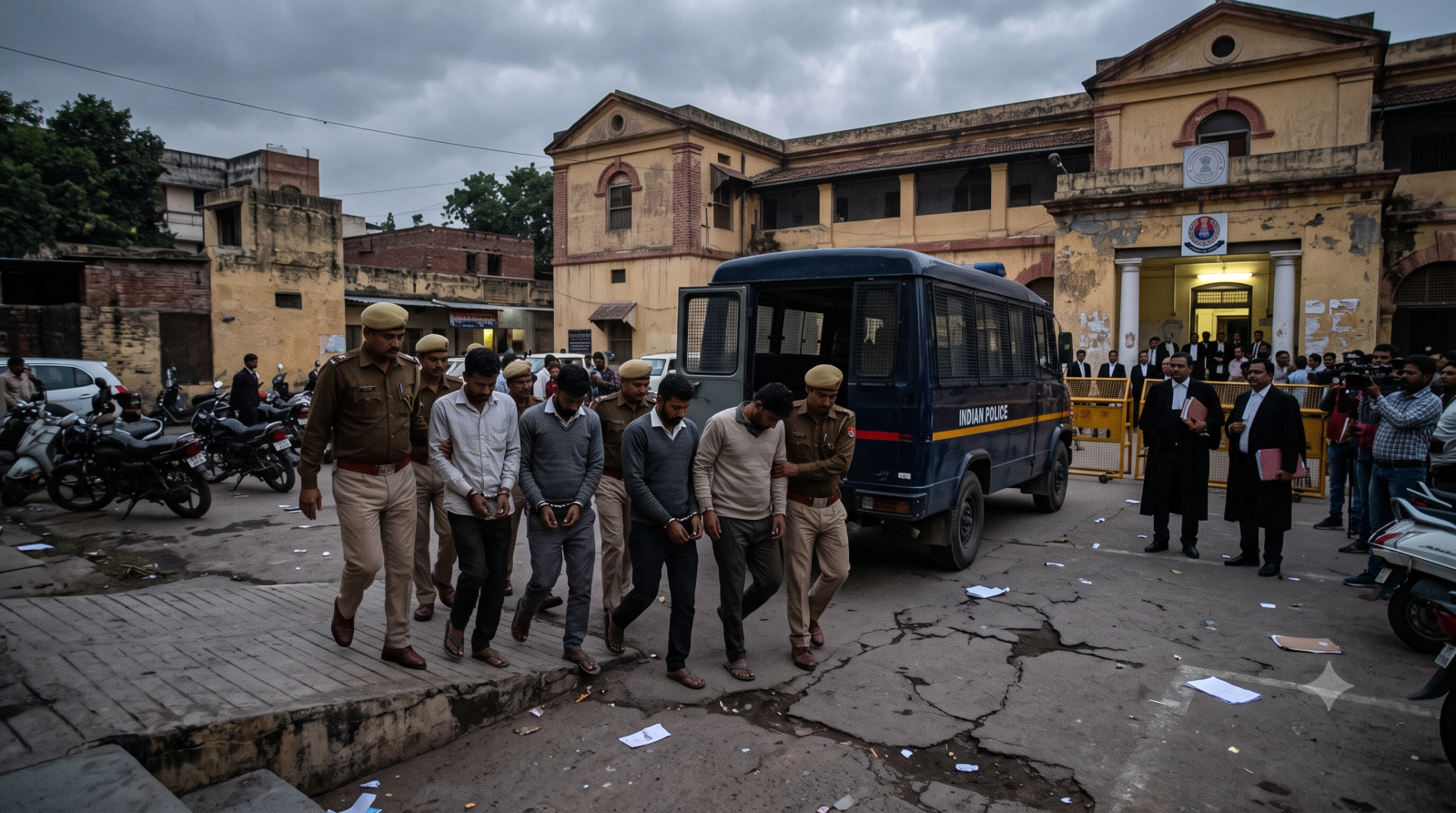झांसी की अदालत से आरोपियों को हिरासत में ले जाती पुलिस