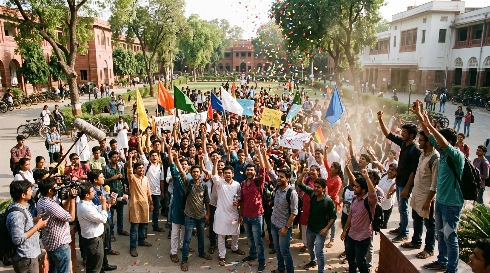 दिल्ली विश्वविद्यालय परिसर में छात्र संघ चुनाव जीत का जश्न मनाते छात्र