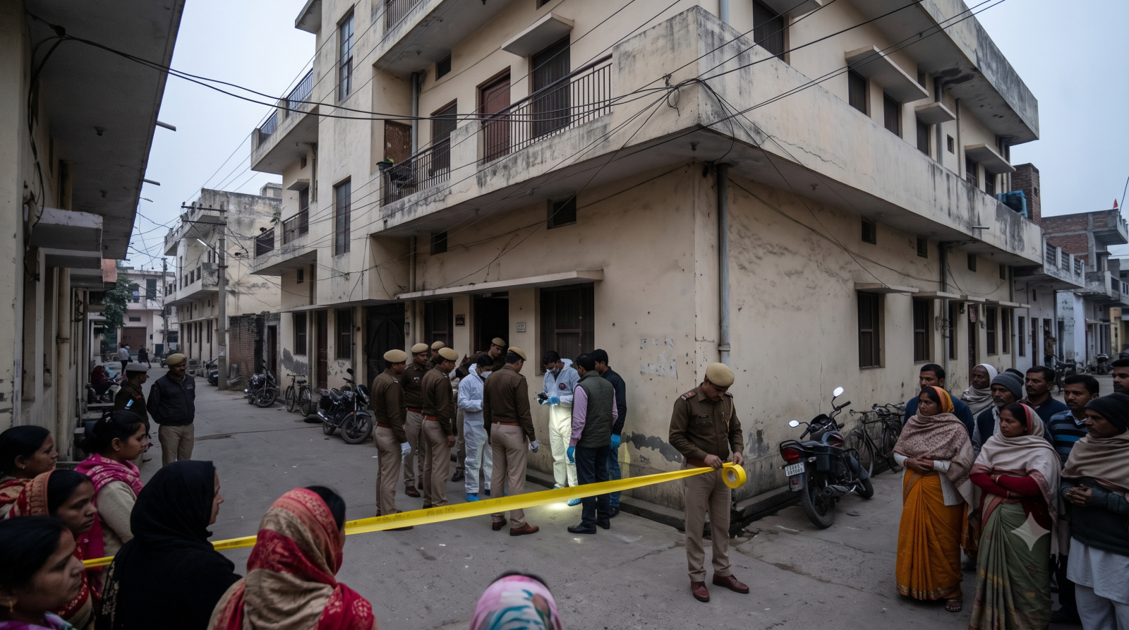 उन्नाव की इमारत के पास पुलिस और फॉरेंसिक टीम जांच करते हुए