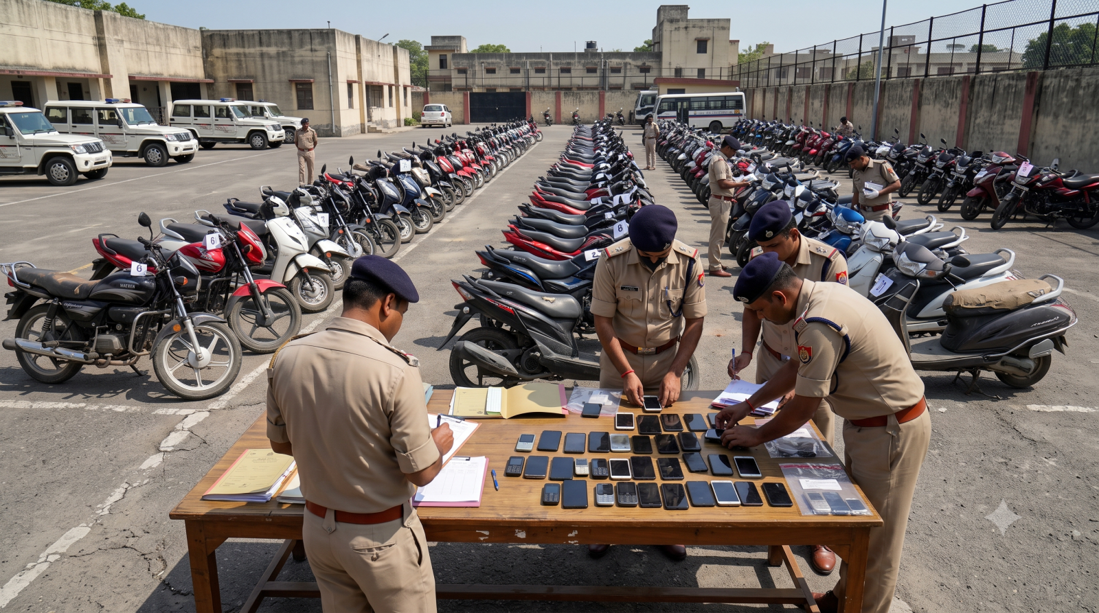 पुलिस द्वारा बरामद की गई चोरी की बाइकें और मोबाइल फोन।