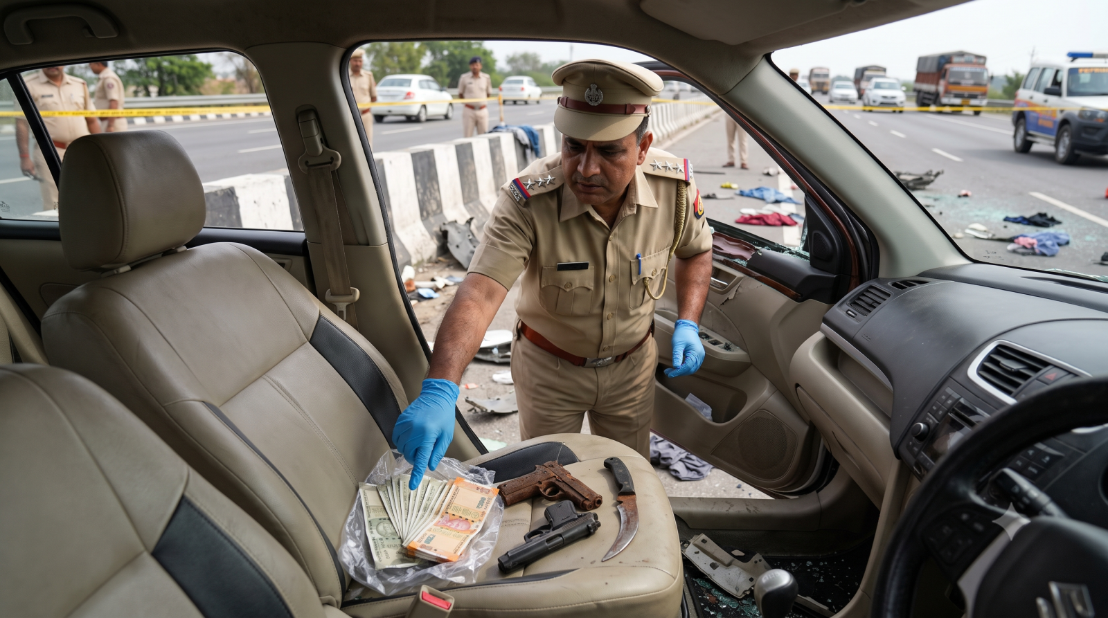 पुलिस द्वारा लूट की गई नकदी और हथियार बरामद किए जाने का दृश्य।