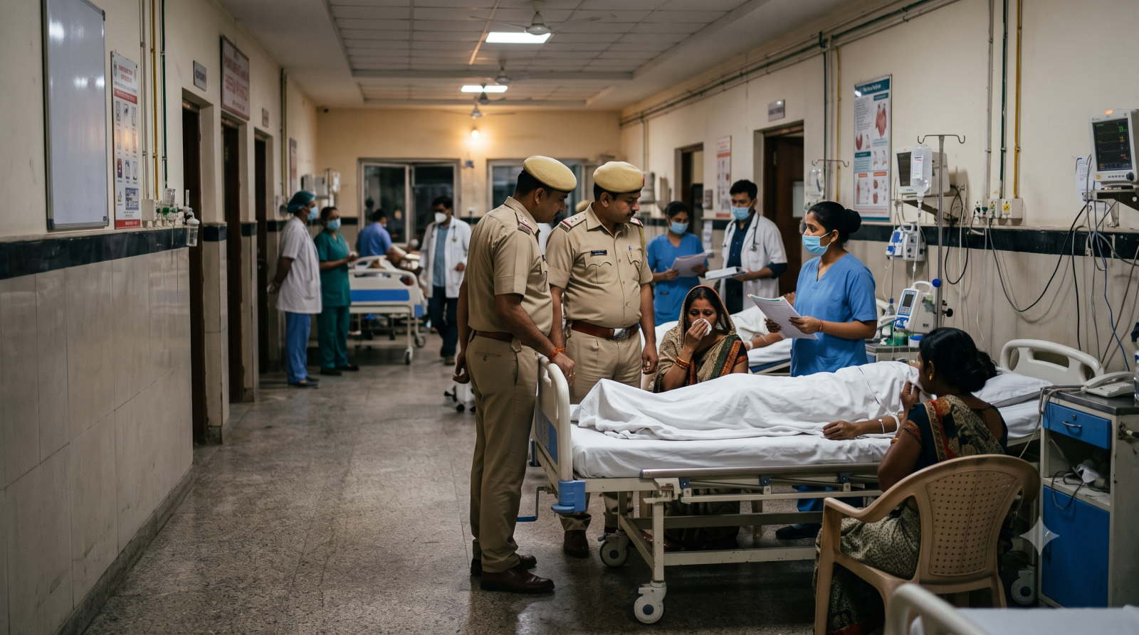 अस्पताल के आपातकालीन वार्ड में पुलिस अधिकारी।