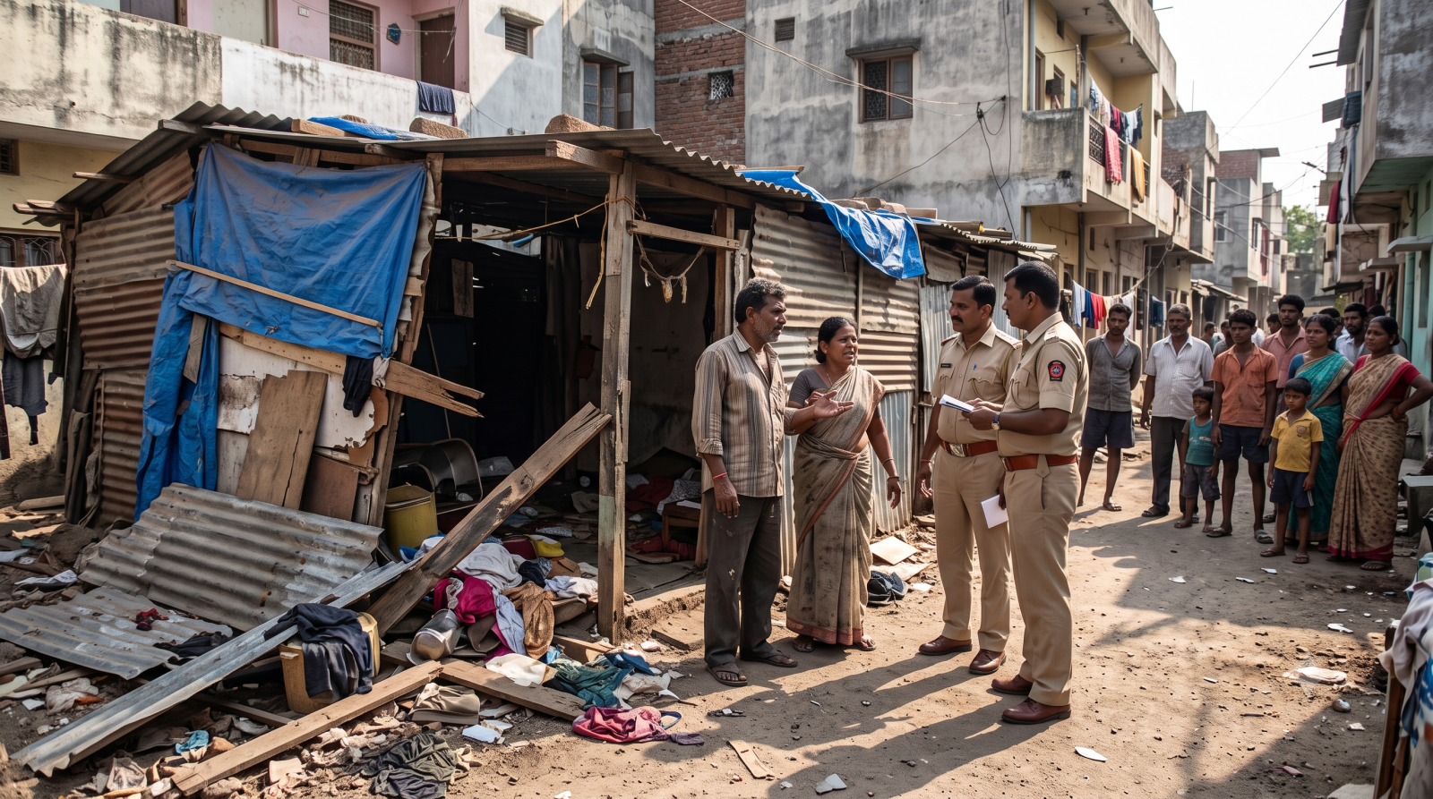 मवाना में प्लॉट विवाद के दौरान क्षतिग्रस्त झोपड़ी और पुलिस मौजूद।