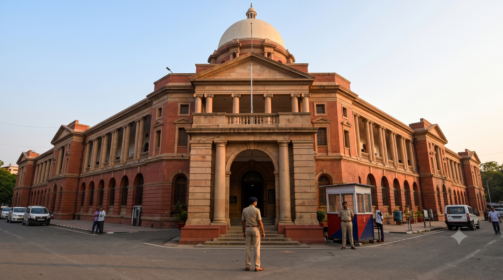 इलाहाबाद हाईकोर्ट की इमारत के बाहर खड़े पुलिस अधिकारी