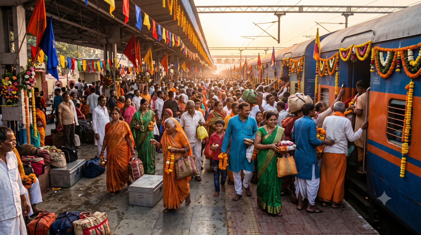 वाराणसी स्टेशन पर भक्त वैष्णो देवी की विशेष ट्रेन में चढ़ रहे हैं।