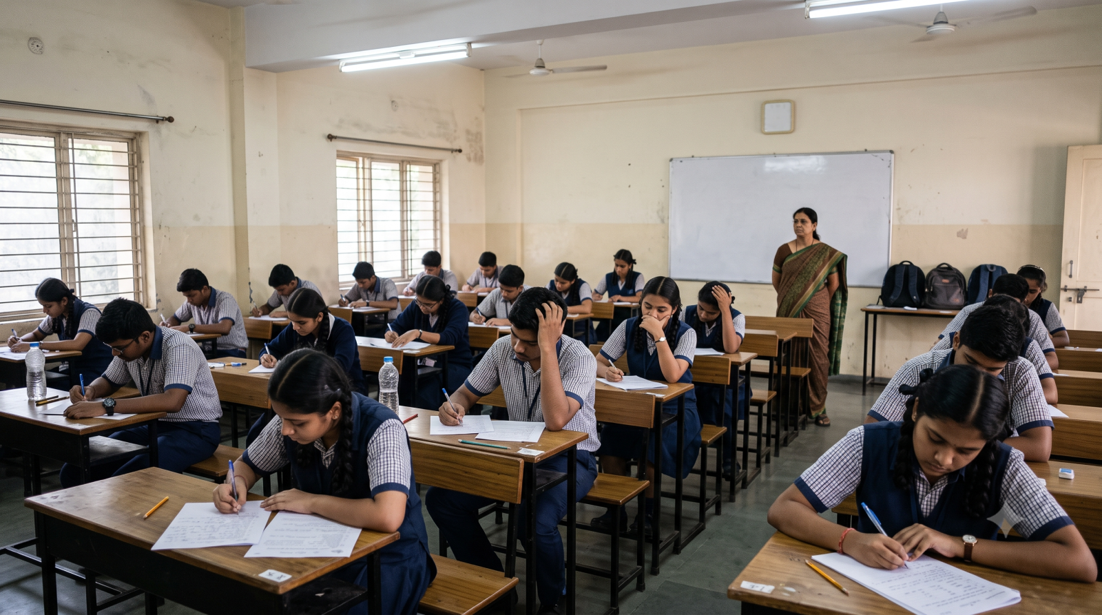 परीक्षा हॉल में छात्र परीक्षा देते हुए
