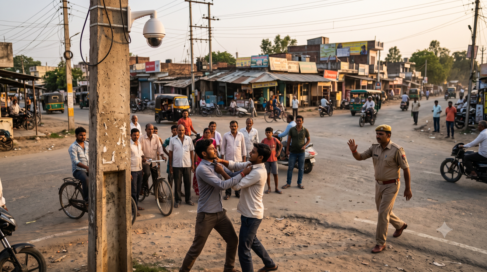 बदायूं के चौराहे पर दो युवकों के बीच मारपीट का दृश्य