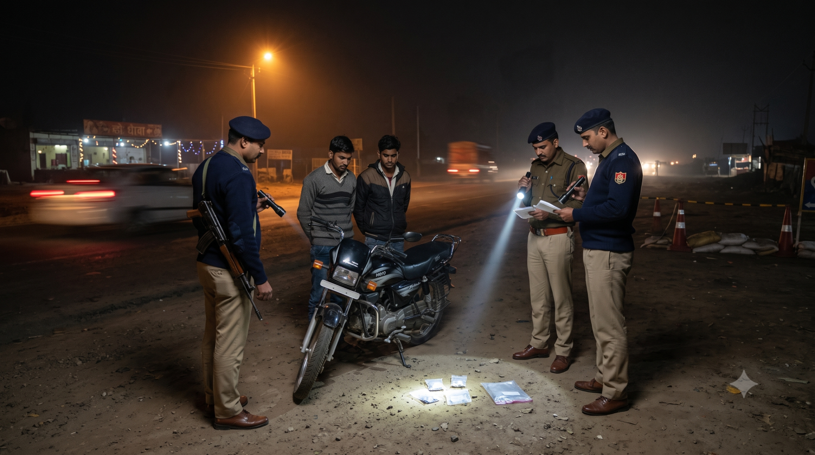 रात में सड़क किनारे पुलिस द्वारा संदिग्धों की तलाशी लेते हुए, अफीम बरामद करने का दृश्य