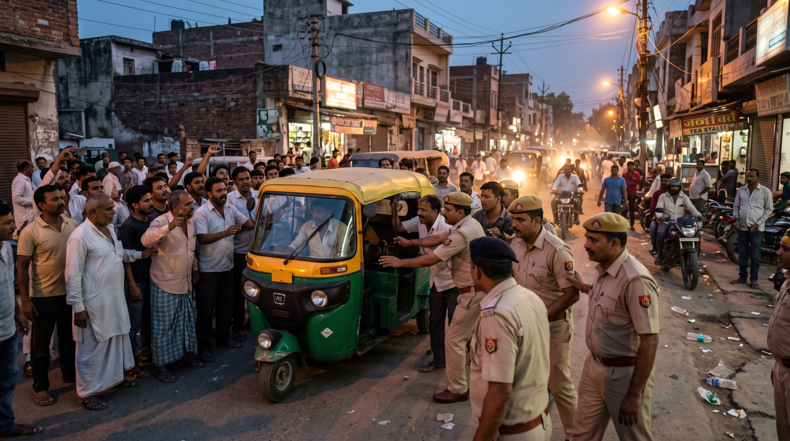 आगरा में सड़क पर भीड़ द्वारा ऑटो चालक की पिटाई के बाद पुलिस हस्तक्षेप का दृश्य