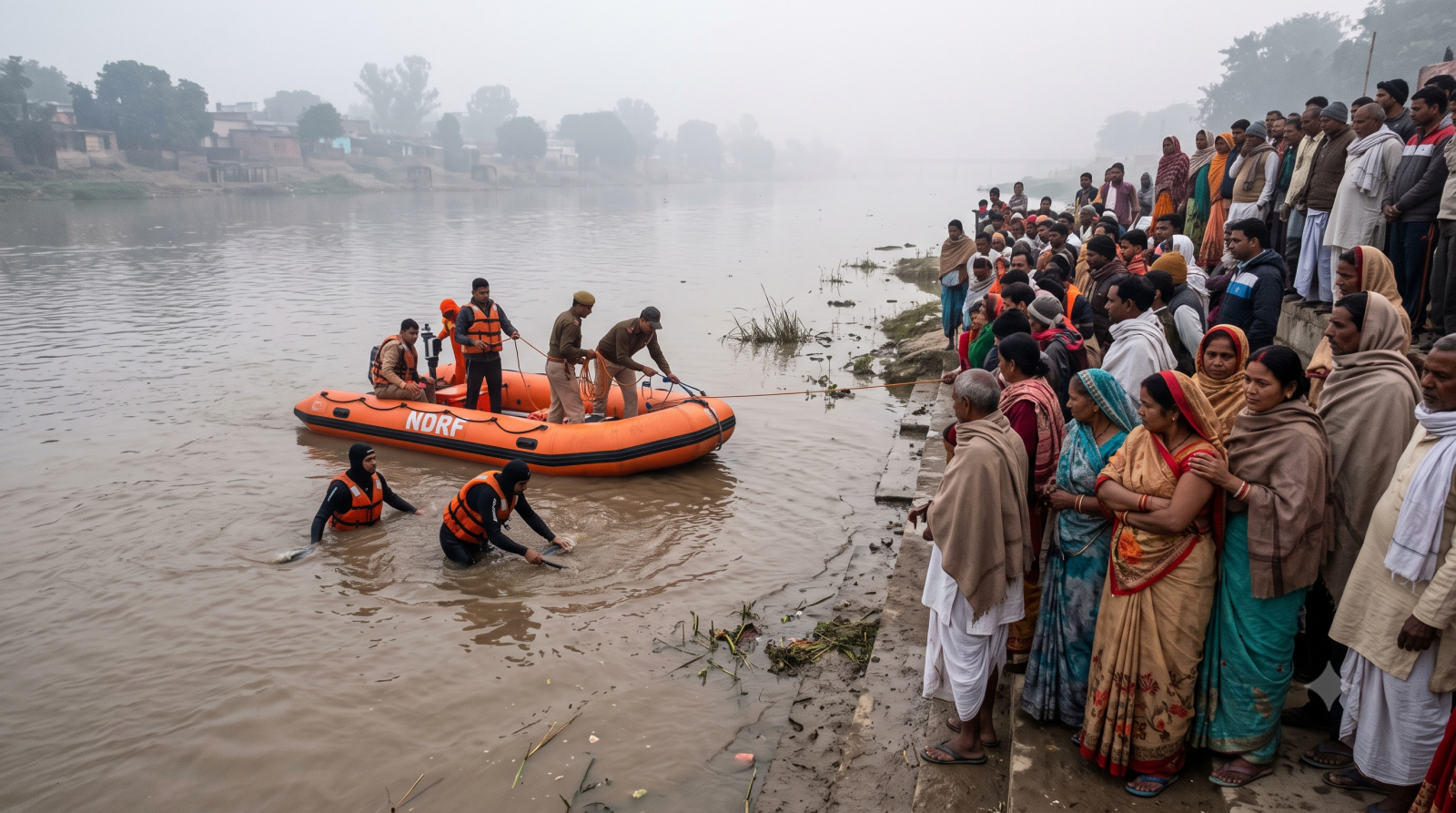 वरुणा नदी में एनडीआरएफ टीम की तलाशी अभियान की तस्वीर
