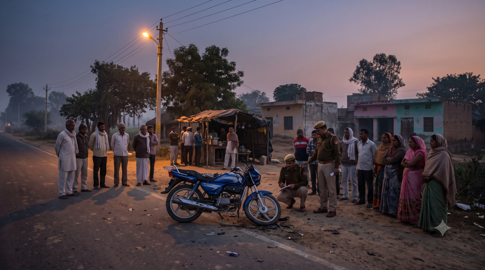 बरेली के हाईवे पर हादसे के बाद क्षतिग्रस्त बाइक और मौके पर जुटे लोग