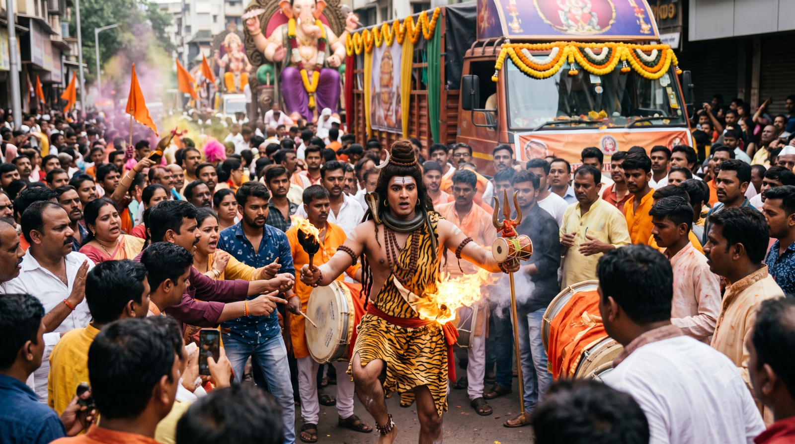गणेश विसर्जन यात्रा में आग निकालने की कलाकारी के दौरान दुर्घटनाग्रस्त कलाकार।