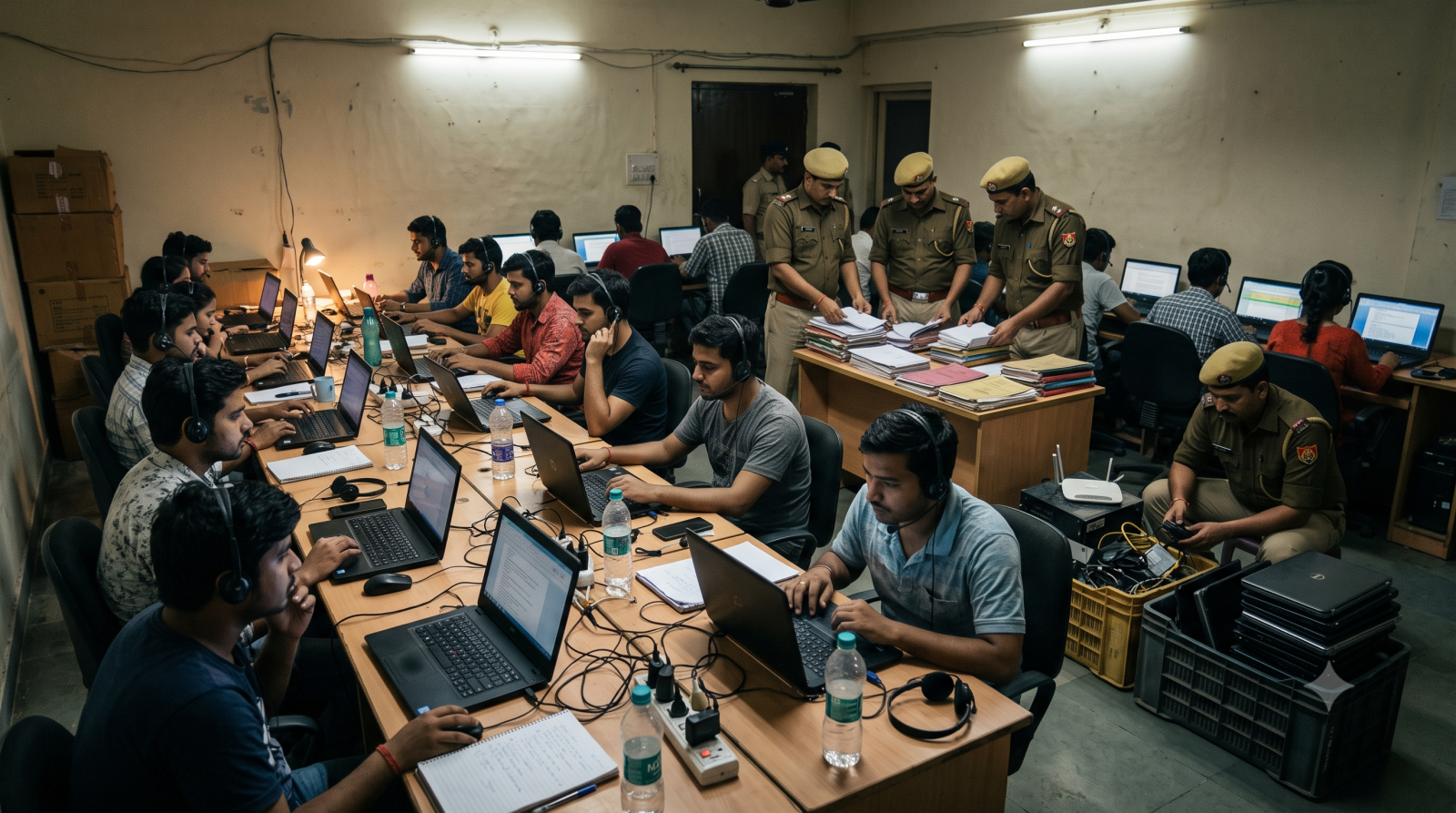 अलीगंज के फर्जी कॉल सेंटर में पुलिस छापेमारी के दौरान बरामद लैपटॉप और उपकरण