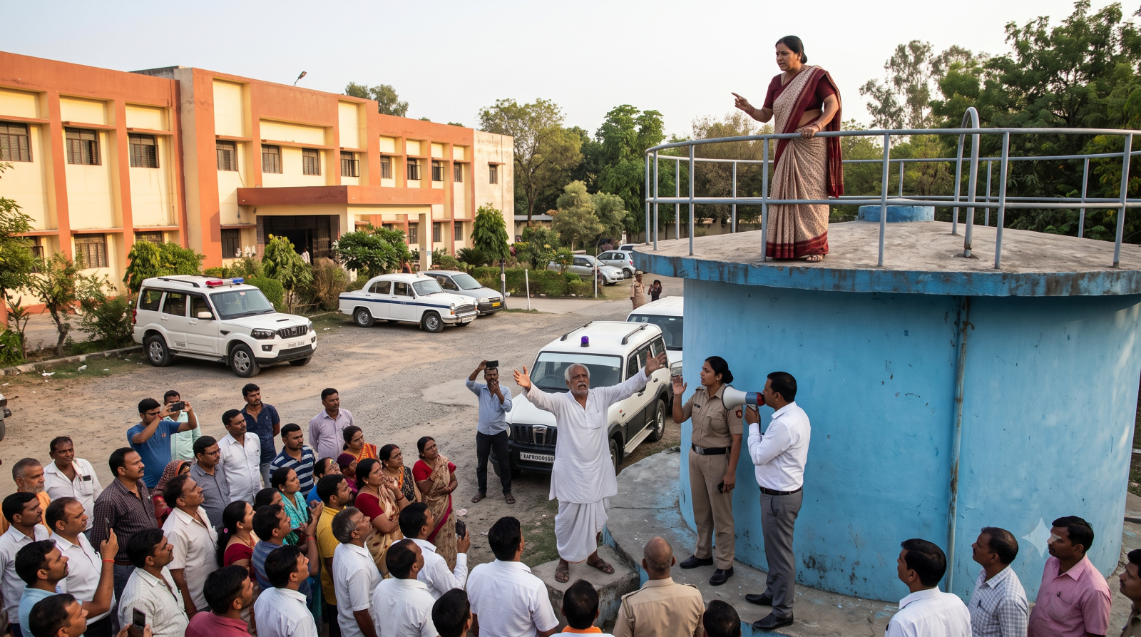 तहसील परिसर की टंकी पर चढ़ी महिला और नीचे इकट्ठा भीड़