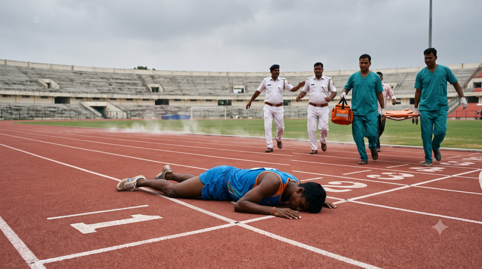 स्टेडियम में दौड़ते समय अभ्यर्थी को चिकित्सीय सहायता दी जा रही है।